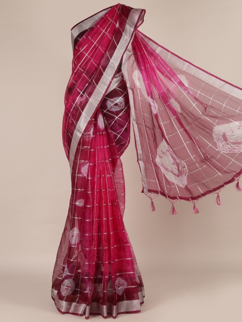 

Pothys Magenta Printed Jute Silk Saree with Printed Pallu And Silver Zari Border