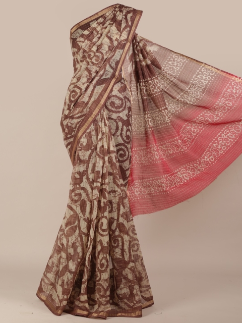 

Pothys Cream-Coloured & Brown Jute Silk Printed Saree