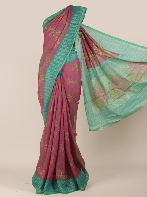 

Pothys Pink & Green Poly Chiffon Printed Saree