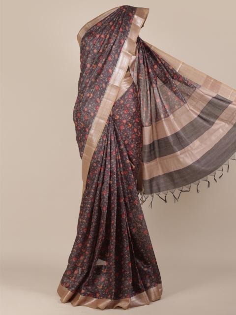 

Pothys Grey Printed Jute Silk Saree with Zari Border