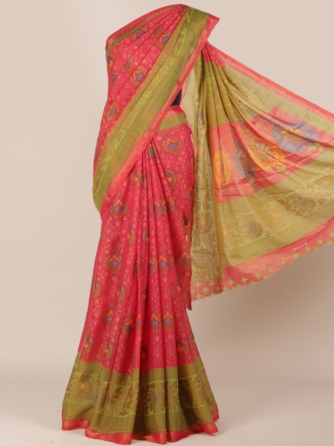 

Pothys Pink & Green Poly Chiffon Printed Saree