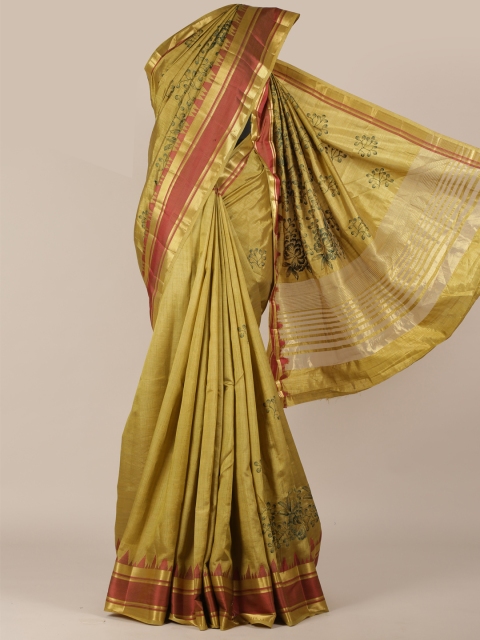 

Pothys Olive Green Printed Jute Silk Saree