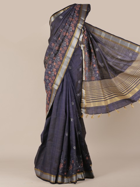 

Pothys Navy Blue & Pink Jute Silk Printed Saree