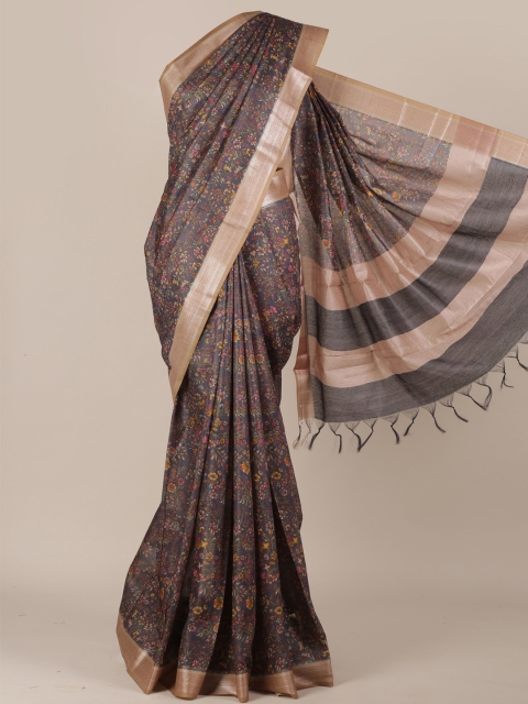 

Pothys Charcoal & Pink Jute Silk Printed Saree