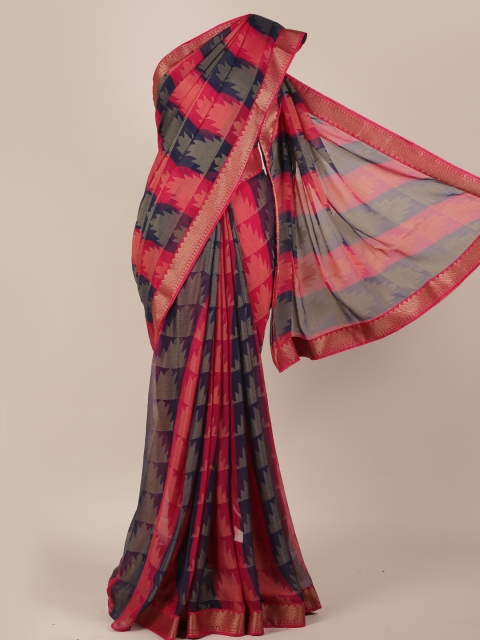 

Pothys Pink & Navy Blue Poly Chiffon Woven Design Saree