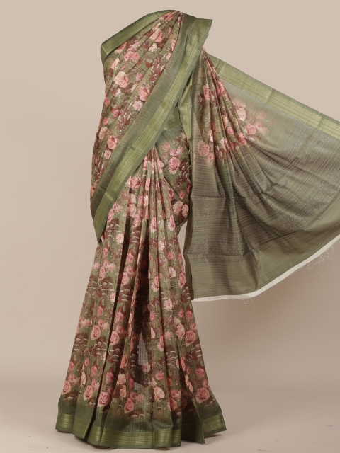 

Pothys Olive Green Printed Jute Silk Saree