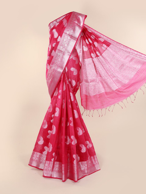 

Pothys Magenta & Silver-Coloured Cotton Blend Woven Design Saree