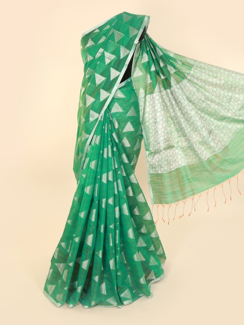 

Pothys Green & Silver-Toned Cotton Blend Woven Design Saree
