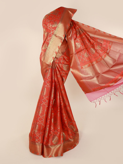 

Pothys Orange & Gold-Toned Cotton Blend Woven Design Saree