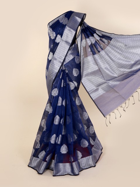 

Pothys Blue & Silver-Toned Cotton Blend Woven Design Saree