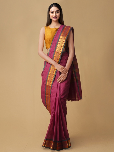 

Unnati Silks Pink & Gold-Toned Pure Cotton Solid Chettinad Saree