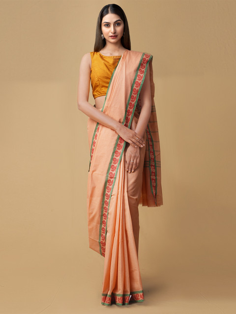 

Unnati Silks Pink & Green Pure Cotton Solid Kanjeevaram Saree