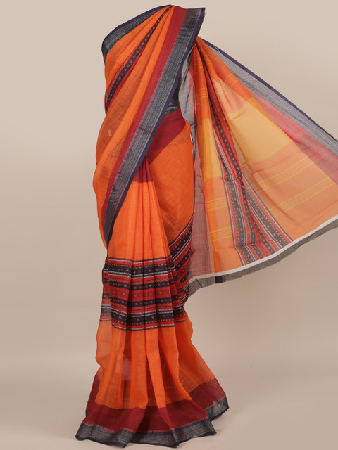 

Pothys Orange & Red Linen Blend Colourblocked Saree