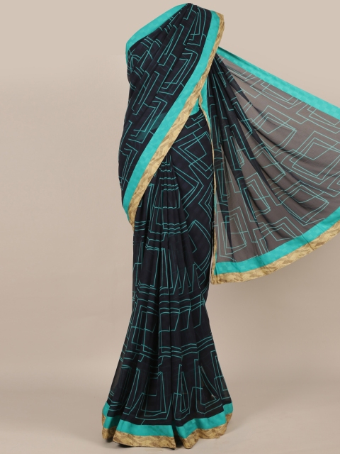 

Pothys Navy Blue & Sea Green Poly Georgette Printed Saree