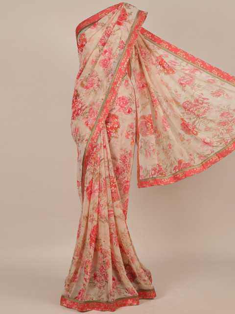 

Pothys Cream-Coloured & Pink Poly Georgette Printed Saree