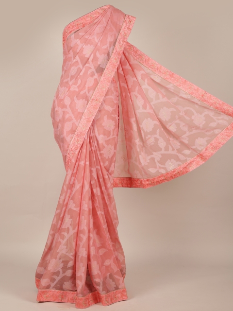 

Pothys Pink Printed Poly Chiffon Saree with Woven Design Border