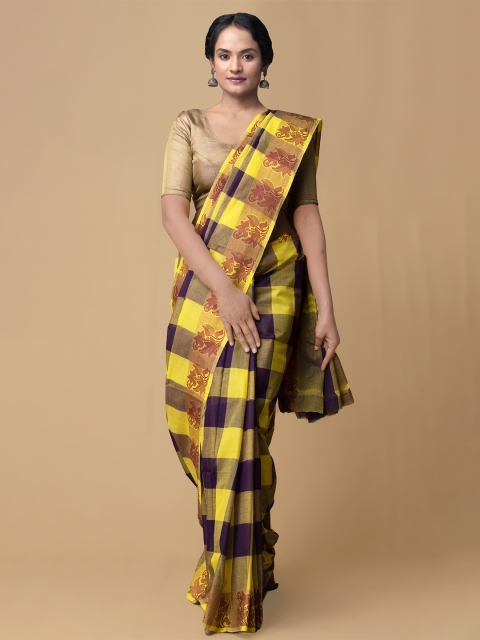 

Unnati Silks Yellow & Navy Blue Pure Cotton Checked Chettinad Saree