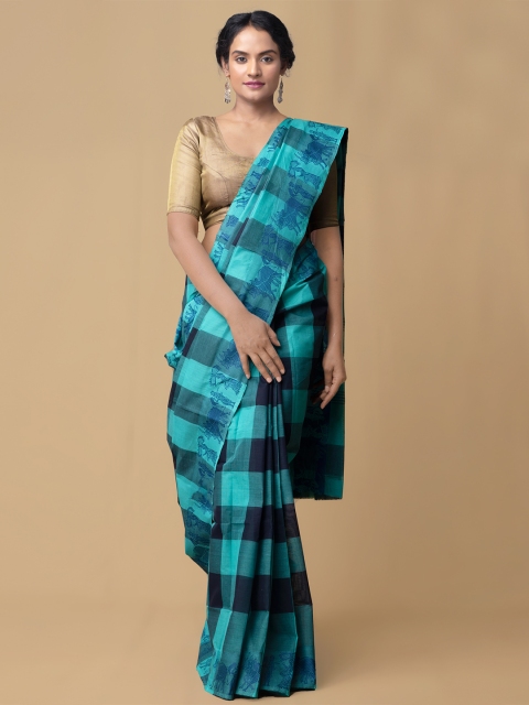 

Unnati Silks Blue Pure Cotton Checked Chettinad Saree