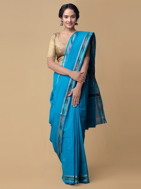 

Unnati Silks Blue Pure Cotton Solid Kanjeevaram Saree