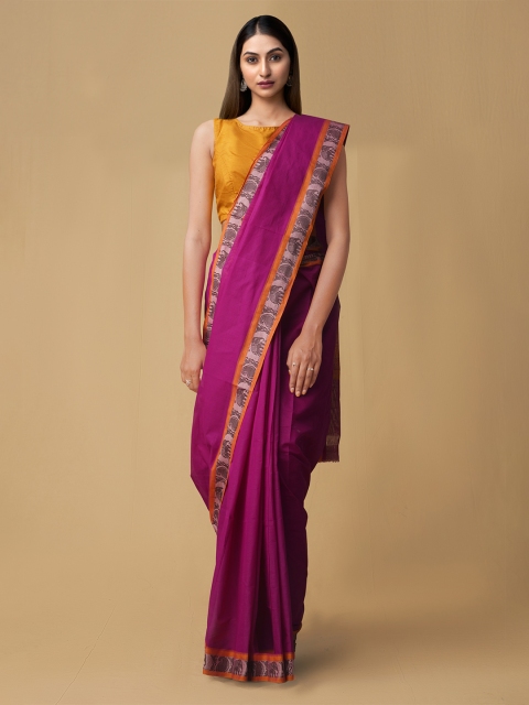 

Unnati Silks Pink Pure Cotton Solid Kanjeevaram Handloom Saree