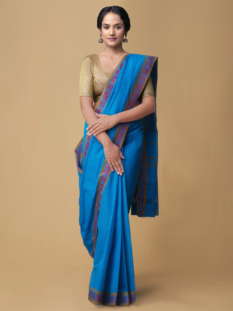 

Unnati Silks Blue Pure Cotton Solid Kanjeevaram Handloom Saree