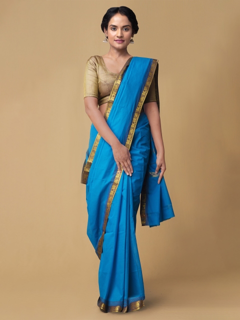 

Unnati Silks Blue Pure Cotton Solid Handloom Venkatgiri Saree