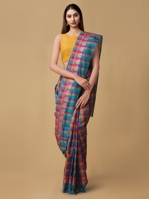 

Unnati Silks Multicoloured Pure Cotton Checked Handloom Chettinad Saree, Multi