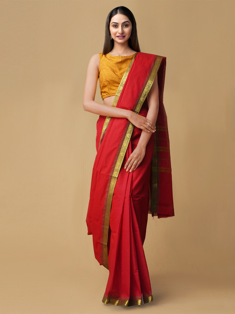 

Unnati Silks Red Pure Cotton Handcrafted Solid Venkatgiri Saree