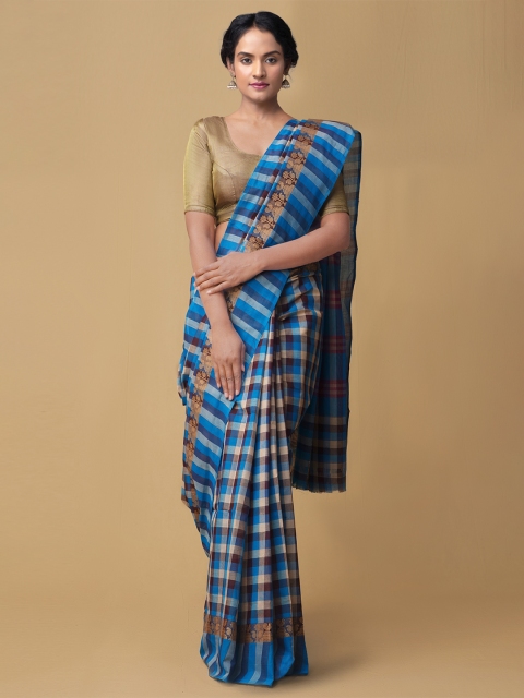 

Unnati Silks Blue Pure Cotton Checked Chettinad Saree