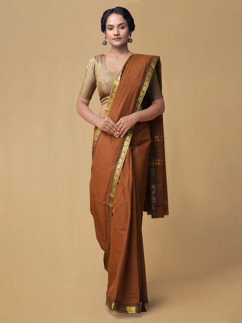 

Unnati Silks Brown Pure Cotton Solid Venkatgiri Saree