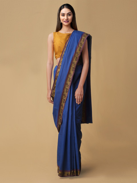 

Unnati Silks Blue Pure Cotton Solid Kanjeevaram Saree