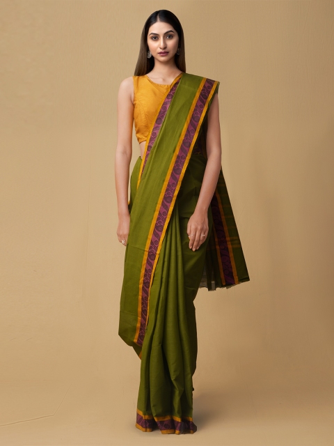 

Unnati Silks Green Pure Cotton Solid Kanjeevaram Handcrafted Cotton Saree