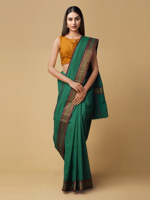 

Unnati Silks Green Pure Cotton Solid Chettinad Saree