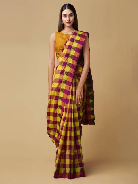 

Unnati Silks Pink & Purple Pure Cotton Checked Kanjeevaram Saree