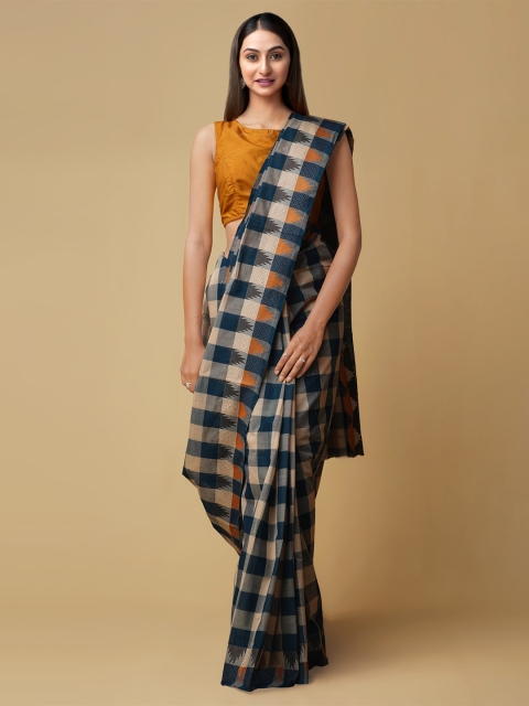 

Unnati Silks Cream-Coloured & Green Pure Cotton Checked Kanjeevaram Saree