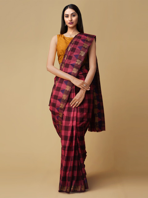 

Unnati Silks Pink & Black Pure Cotton Checked Kanjeevaram Saree
