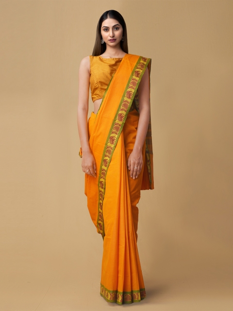 

Unnati Silks Orange Pure Cotton Solid Kanjeevaram Sustainable Saree
