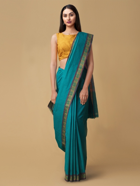 

Unnati Silks Teal Green Pure Cotton Solid Handloom Kanjeevaram Saree