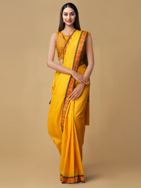 

Unnati Silks Yellow Pure Cotton Solid Kanjeevaram Saree