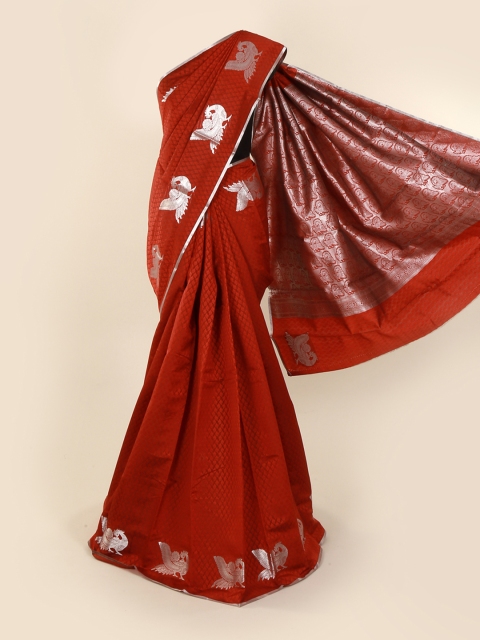

Pothys Red & Silver-Toned Art Silk Solid Saree