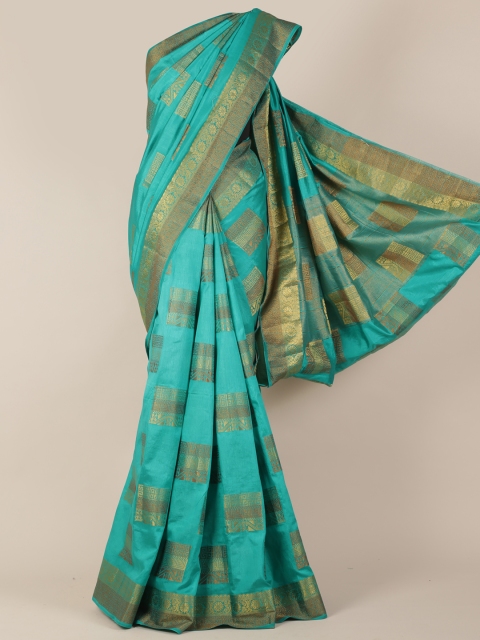 

Pothys Teal & Gold-Toned Jute Silk Woven Design Saree
