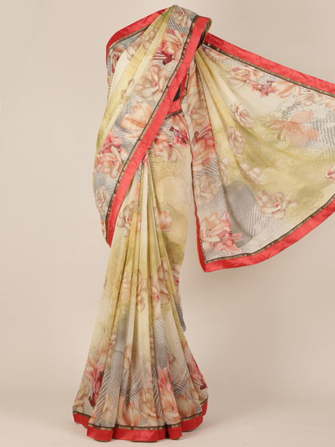 

Pothys Cream-Coloured & Pink Poly Georgette Printed Saree