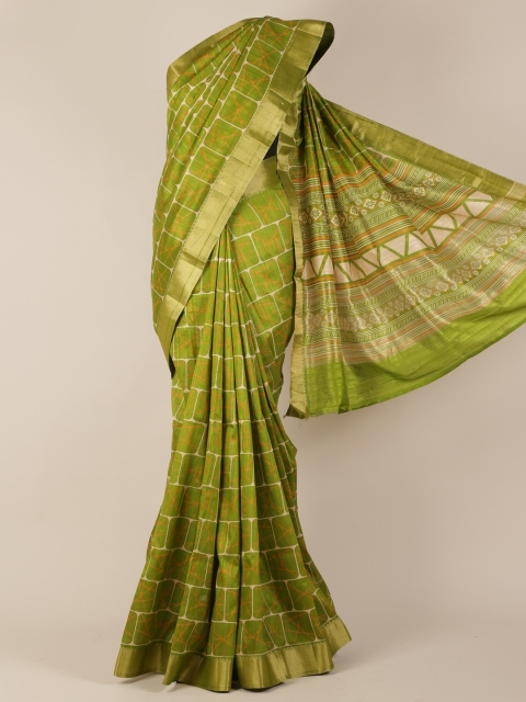 

Pothys Olive Green Checked Jute Silk Saree