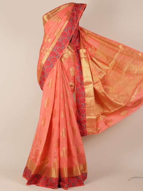 

Pothys Peach-Coloured Woven Design Jute Silk Saree with Zari Border