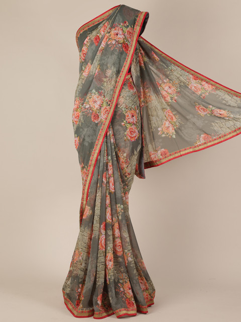 

Pothys Grey & Red Poly Georgette Printed Saree
