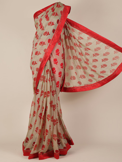 

Pothys Grey Printed Poly Georgette Saree with Contrast Patch Border Wok