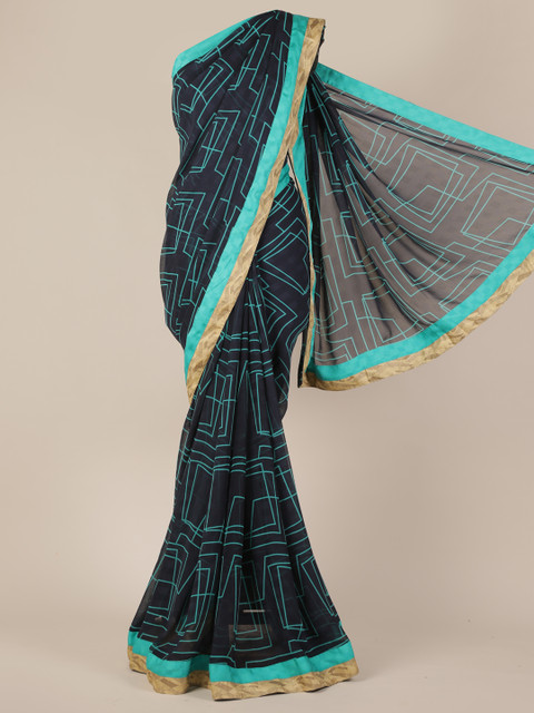 

Pothys Navy Blue Printed Poly Georgette Saree