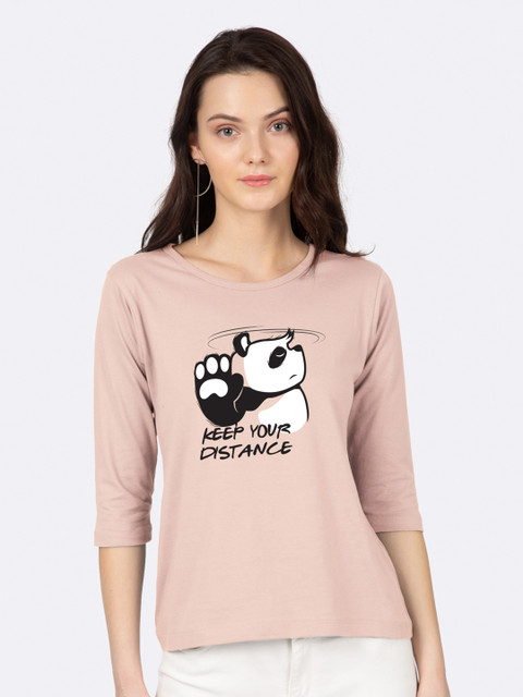 

Bewakoof Women Pink Printed Round Neck Pure Cotton T-shirt