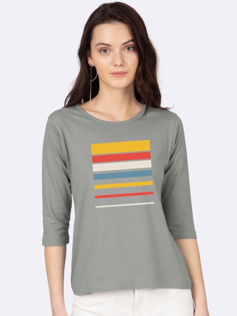 

Bewakoof Women Grey Printed Round Neck Pure Cotton T-shirt