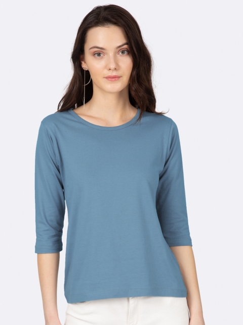 

Bewakoof Women Blue Solid Cotton Round Neck T-shirt